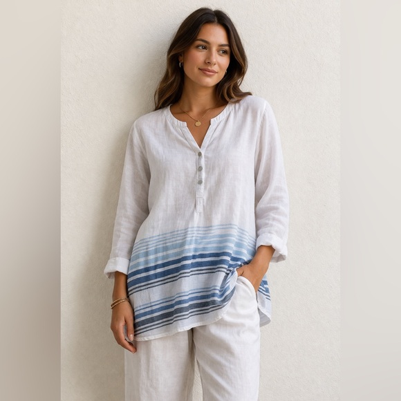 J. Jill Tops - J.Jill Linen Blend Tunic Top Blue Stripe Boho Beachy Lightweight Petite M